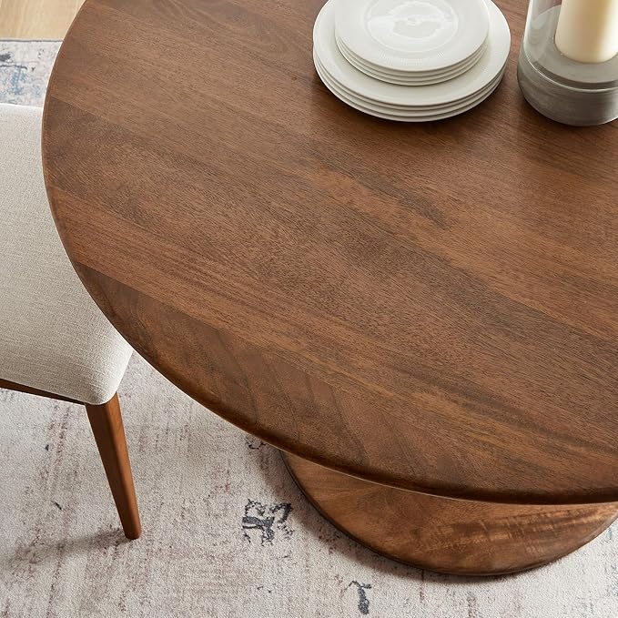 Modway Lippa 48 Inch Round Wood Dining Table in Walnut – Solid Mango Wood Tabletop with Pedestal Base - Mid Century Modern Dining Room Furniture - Kitchen Table for 4-6 Person