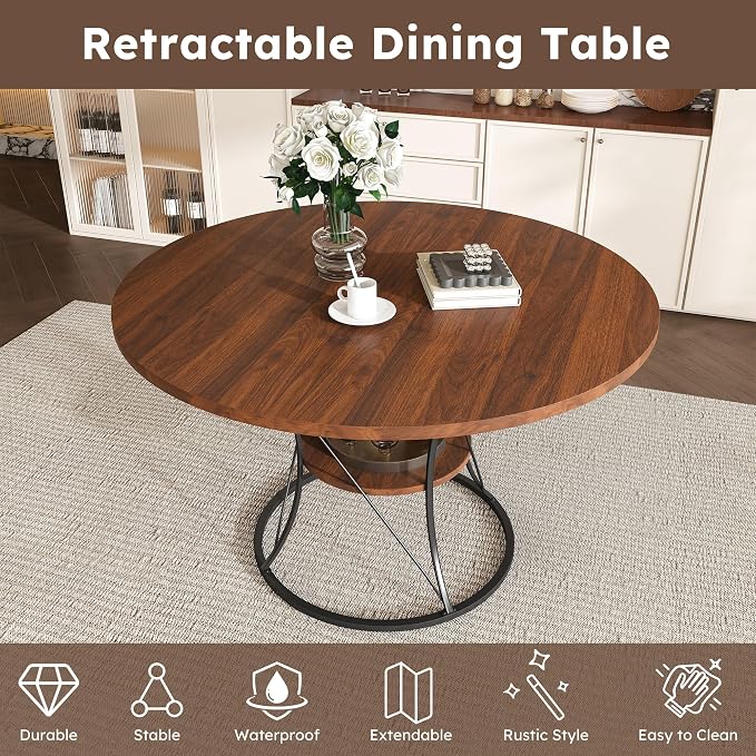 43"-59" Extendable Round Dining Table for 4-6,Mid Century Modern Walnut Wood Grain Table,Expandable Kitchen Table with Storage Shelf for Small Spaces