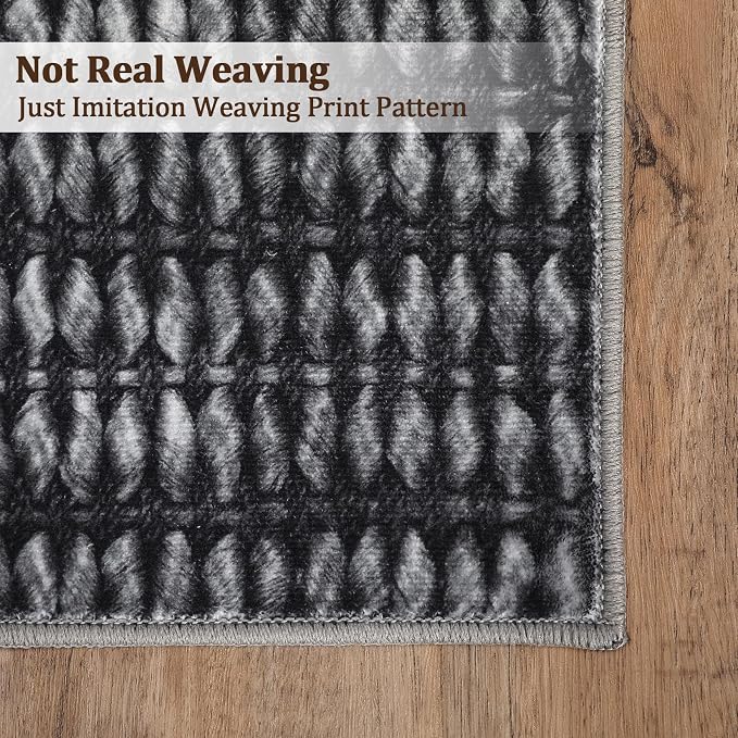 Washable 10x13 Modern Braided Print Area Rug for Living Room Low Pile Soft Bedroom Rugs Non Slip Modern Large Carpet Thin Foldable Boho Vintage Indoor Carpet for Playroom Open Living Room,Black