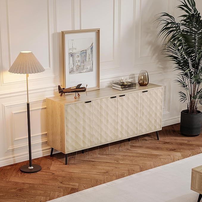 62'' Diamond Flute Sideboard Buffet Cabinet, Diamond Shaped Relief Storage Cabinet with Adjustable Shelves, Accent for Living Room, Entryway,Hallway (Cream Yellow Wood Grain)