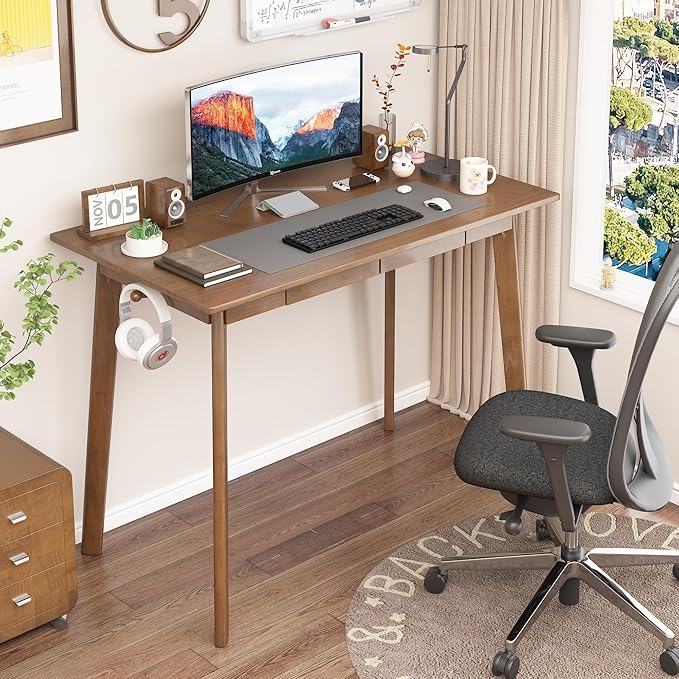 Solid Wood Desk with Drawers - 39 x 16 Inch Modern Narrow Desks, Rubber Wood Study Table, Small Writing Desk for Small Spaces|Bedroom - Black Desks