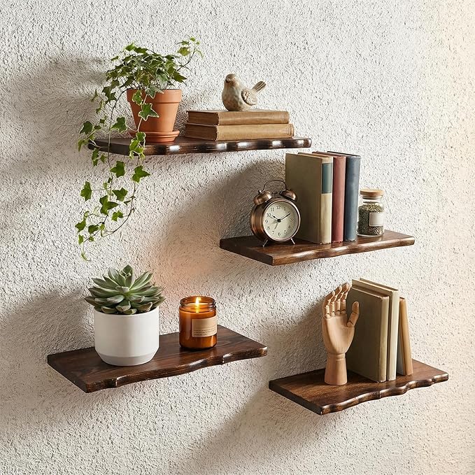 Pinkunn 4 Pcs Floating Shelves for Wall Rustic Wooden Floating Shelf Wooden Shelves for Bathroom Living Room Bedroom Kitchen Wall Mounted Live Edge Pine Shelf(Walnut Wood Color,15.75 Inches)
