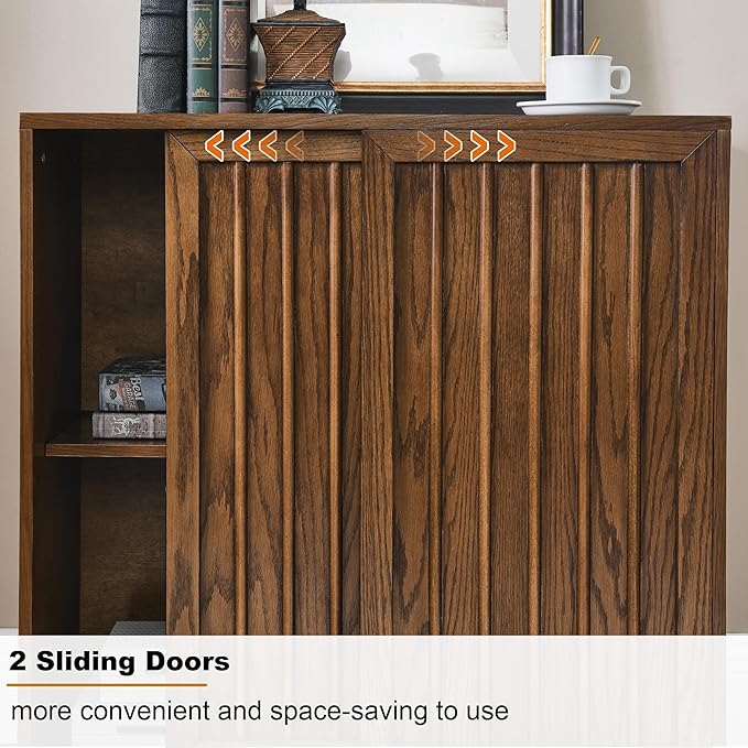 Mid Century Modern Sideboard Cabinet | Slim Fluted Credenza with Sliding Doors | Narrow Storage Buffet Console Table for Small Spaces, Living Room, Entryway, Kitchen (Walnut, 32")