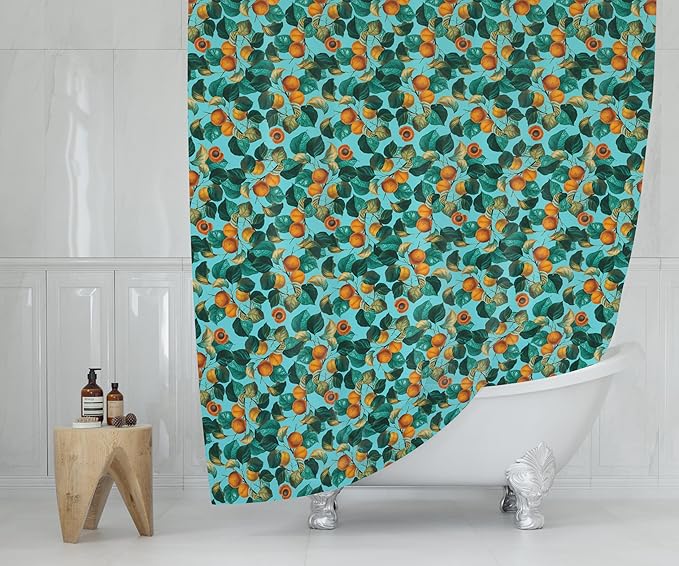 Teal Apricot Leaf Print Shower Curtain - Colorful Botanical Fruit Floral Pattern - Modern Home Decor - Bold Colorful Hotel Style Fabric Shower Curtain For Any Bathroom - 72x72 Inches (Apricot)