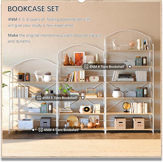 4NM No Assembly Extra Wide Folding Bookshelf for Living Room, 5 Tiers Collapsible Book Shelves Open Industrial Foldable Bookcase Storage Shelf for Home Office - Cloud Oak