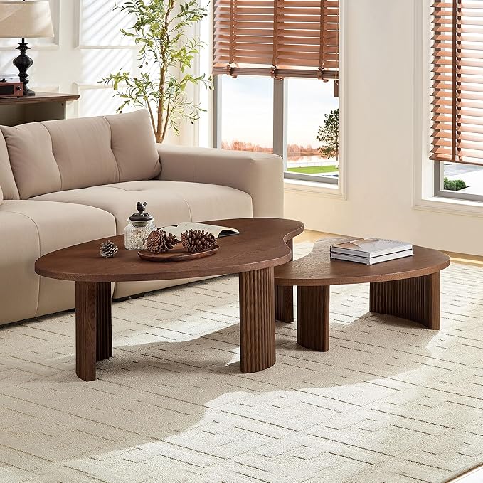 Nesting Coffee Table Set of 2, Irregular Shape Center Table 2-Piece Modern Side Table End Table for Living Room Aoartment Office, Walnut