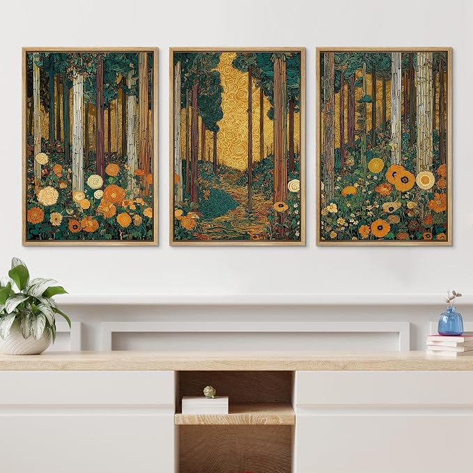 wall26 Framed Print Wall Art Set Klimt Style Sunlit Forest Vibrant Green and Gold Floral WoodlandDecorative Minimal Relax/Zen for Living Room, Bedroom, Office - 24"x36"x3 NATURAL
