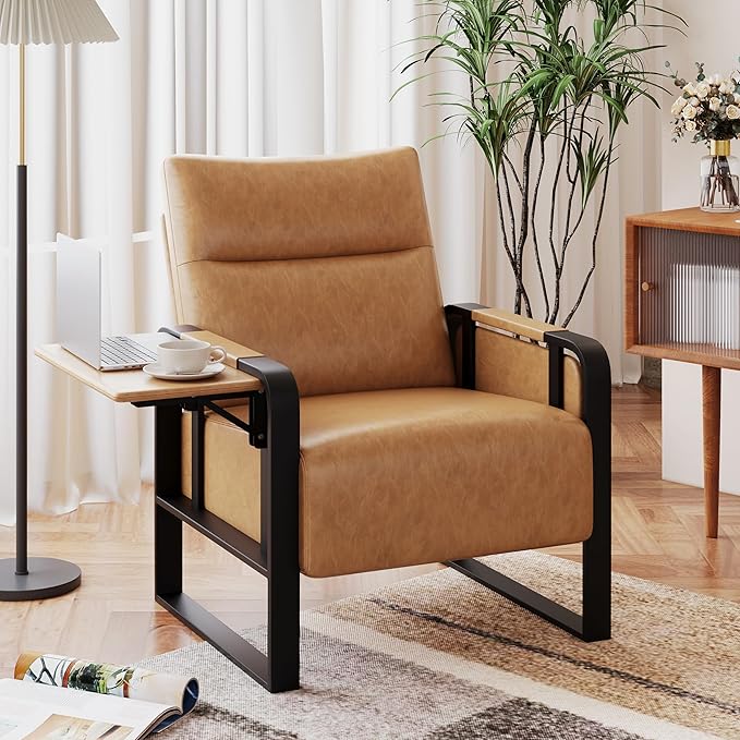 Upholstered Living Room Chair Armchair, Mid Century Faux Leather Metal Accent Chair, Reception Couch Office Guest Chair Slipper Club Lounge Single Sofa with Sidetable for Bedroom-Light Brown