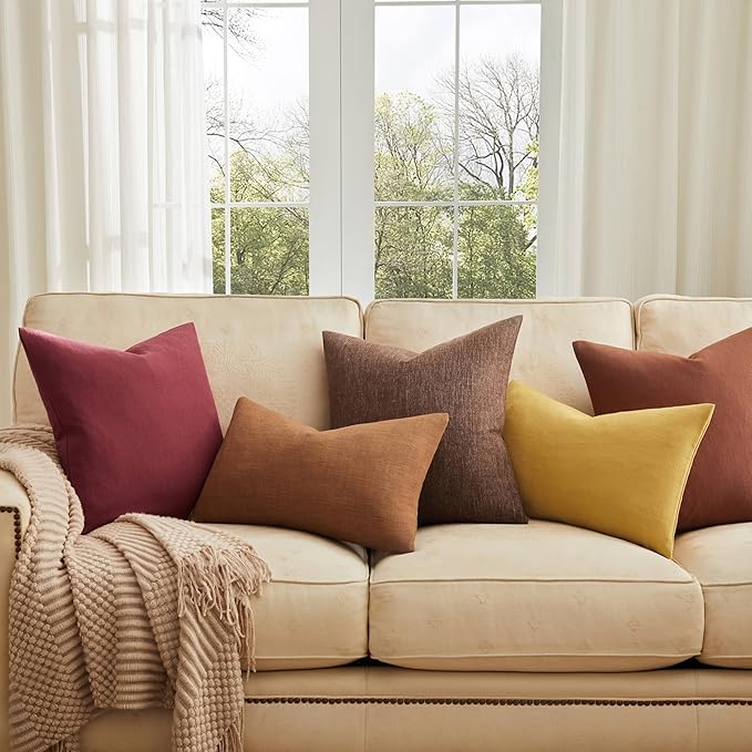 ZeeMart Rustic Cotton Linen Throw Pillow Covers Set of 2, 22x22 Inch Yellow, Farmhouse Style Decorative Couch Pillow Cases Cushion Covers for Sofa Bed Living Room Home Decor