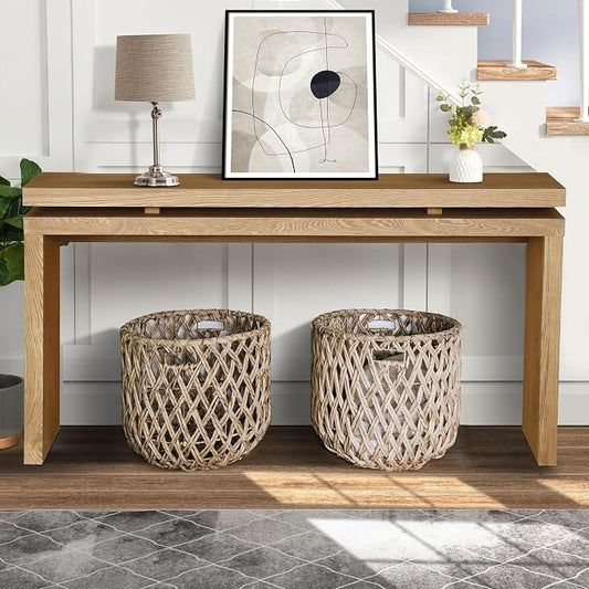 Wood Console Table, 60" Retro Narrow Long Sofa Table Behind Couch with Double Board Suspension Design and Solid Wood Finish for Hallway Entryway Living Room Entrance, Brown