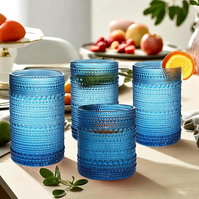 Vintage Hobnail Drinking Glass Set of 8 - 12 oz Highball & 10 oz Cocktail Tumblers for Whiskey, Juice, Milk