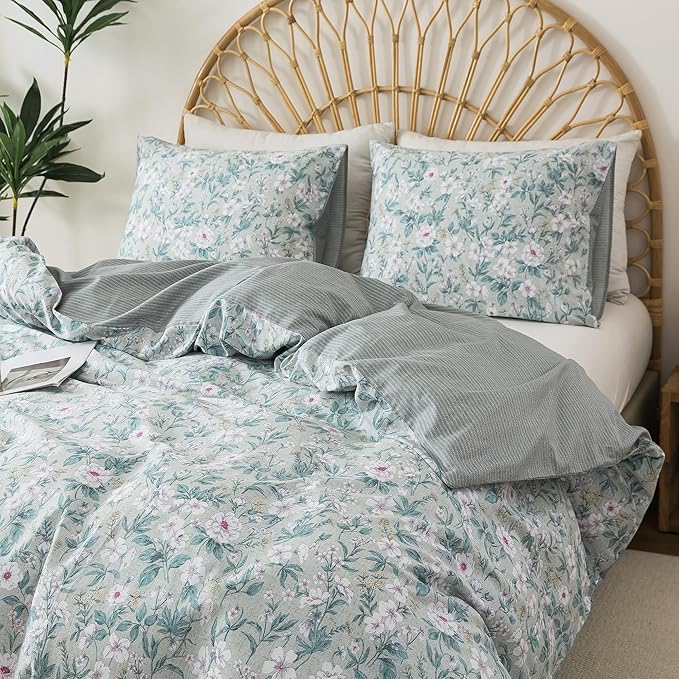 HoneiLife Wildflower Duvet Cover Queen - 100% Cotton Comforter Cover 3-PC, Botanical Bedlinen Set with Zipper Closure & Corner Ties, Floral Comforter Cover Sets, Greenery
