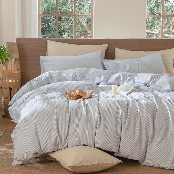 MooMee Striped Duvet Cover Set 100% Washed Cotton Linen Like Textured Breathable Durable Soft Comfy (Cornflower Blue White Pinstripes, Alaska King 132"x120")
