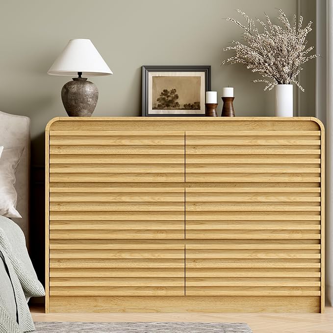 Fluted 6 Drawer Dresser for Bedroom, 47" Wide Wood Chests of Drawers with Curved Profile, Mid Century Modern Dresser with Large Storage & Hidden Handle for Living Room, Hallway, Natural Oak