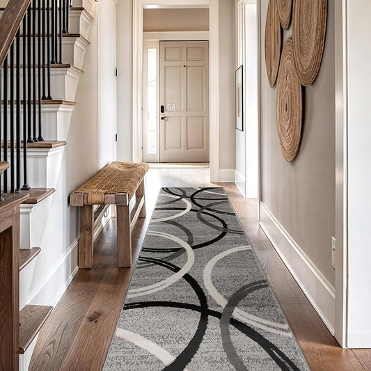 Rugshop Wavy Circles Design Runner Rug, Non-Shedding Carpet for Hallway, Kitchen, or Entryway, Gray, 2'7" x 12'