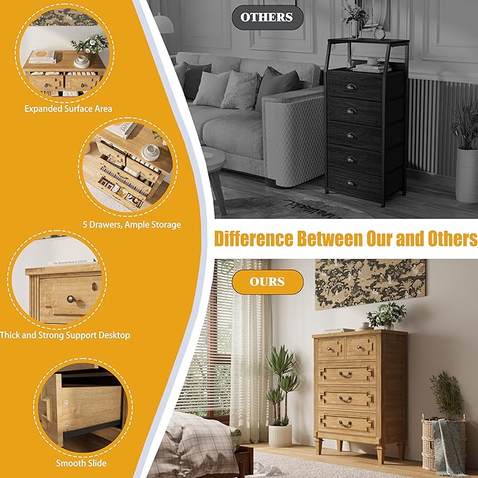 5 Drawer Dresser for Bedroom, 44" Tall Dresser & Chest of Drawers wtih Vintage Surface, Closet Storage Cabinet for Living Room, Hallway, Natural Oak