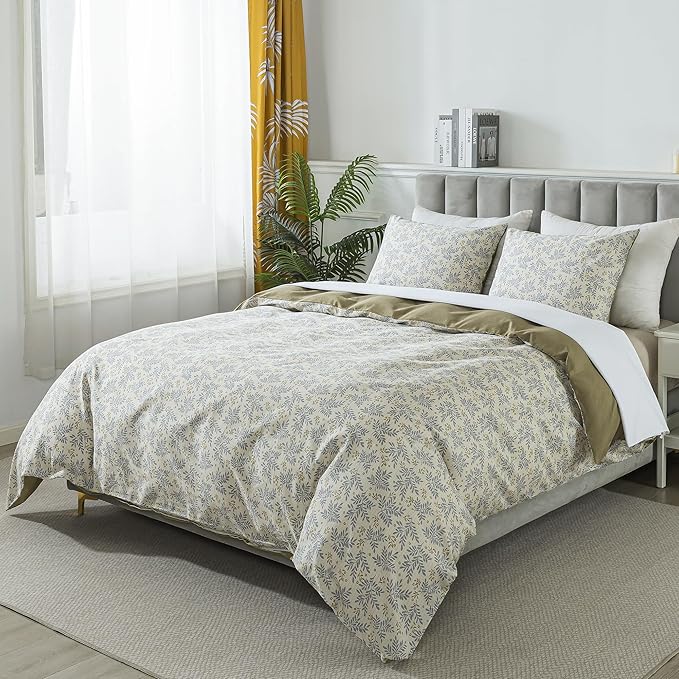 HoneiLife Floral Duvet Cover Queen - 100% Cotton Comforter Cover,Breathable Bedlinen Set with Zipper Closure & Corner Ties, Botanical Comforter Cover Sets 3-PC