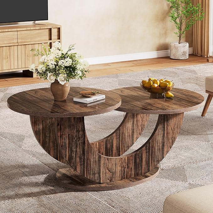 Tribesigns 46-inch Round Coffee Table, Modern Living Room Coffee Table with Funky U-Shaped Frame, Low Accent Center Tea Table for Home, Apartment, Rustic Brown