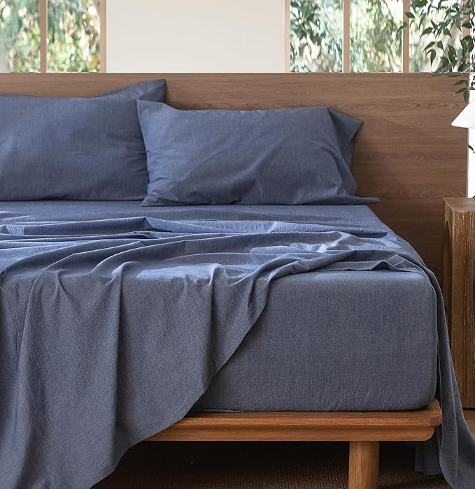 MooMee Bedding Sheet Set 100% Cotton Linen Like Textured Breathable Durable Soft Comfy (Heathered Blue, Queen)