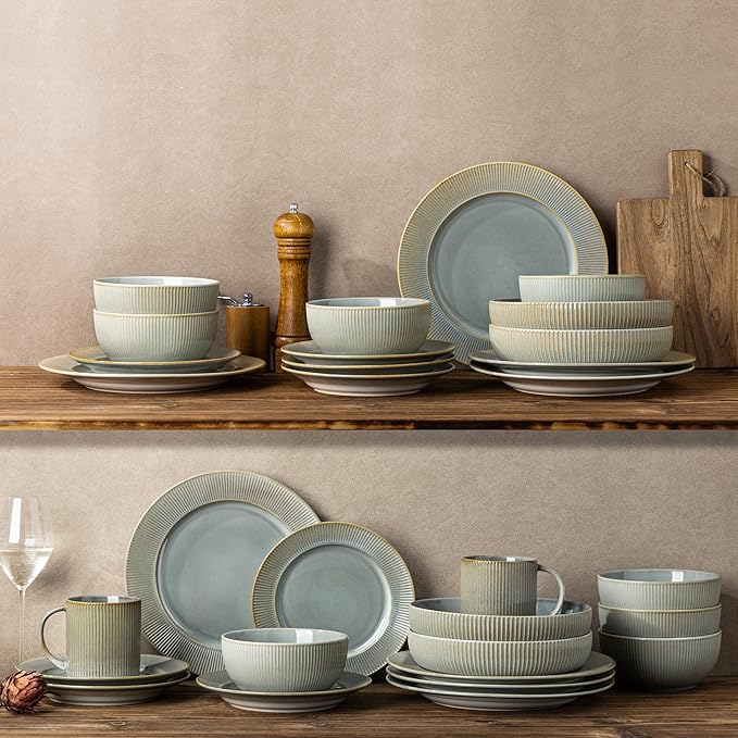 TheTerra Stoneware Dinnerware Sets for 6, 18 Pieces Ceramic Lightweight Plates and Bowls Sets, Scratch Resistant Embossed Dish Set, Oven, Microwave & Dishwasher Safe, Desert Sage