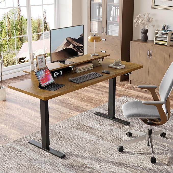 63 x 24 Inches Electric Standing Up Desk with Monitor Shelves,Height Adjustable Computer Desk from 28-46''with Memory Controller,Modern Home Office Desk for Work,Study,Oak Brown