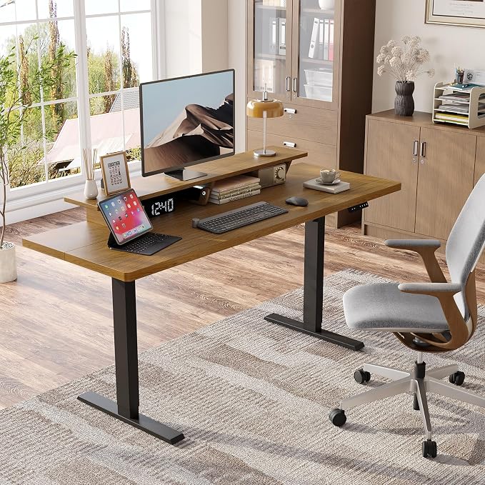 55 x 24 Inches Electric Standing Up Desk with Monitor Shelves,Height Adjustable Computer Desk from 28-46''with Memory Controller,Modern Home Office Desk for Work,Study,Oak Brown
