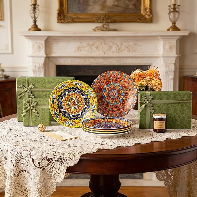 vancasso Colorful Dinner Plates Set of 6, 10.5 Inch Ceramic Kitchen Plates for Dinner, Bohemian Printed Dishes for Dining, Microwave & Dishwasher Safe Plate Set, Series KRVI