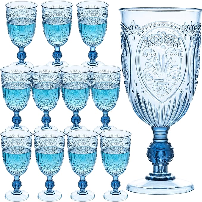 JLYLOL Plastic Wine Glasses 12Pcs Plastic Goblets 7.5oz Colored Retro Embossed Glassware Vintage Stemmed Drinking Cup Reusable Water Goblets for Wedding Reception Grand Event Party Bar,Whiskey (Blue)