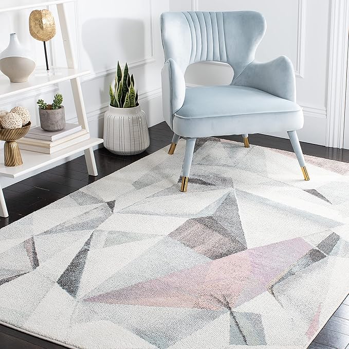 SAFAVIEH Porcello Collection Area Rug - 6'7" Square, Ivory & Pink, Modern Abstract Design, Non-Shedding & Easy Care, Ideal for High Traffic Areas in Living Room, Bedroom (PRL6940A)