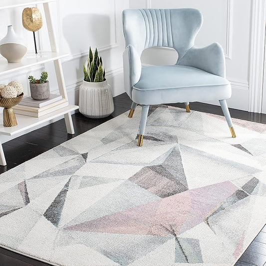 SAFAVIEH Porcello Collection Area Rug - 6'7" Square, Ivory & Pink, Modern Abstract Design, Non-Shedding & Easy Care, Ideal for High Traffic Areas in Living Room, Bedroom (PRL6940A)