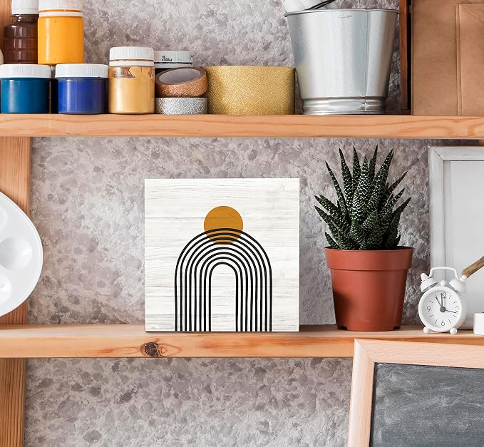 SRADMO Boho Sun Rainbow Abstract Geometric Balance Arch Shapes Wood Box Sign Desk Decor, Boho Mid Century Modern Art Wooden Block Box Sign Decoration For Home Office Shelf Table Decor