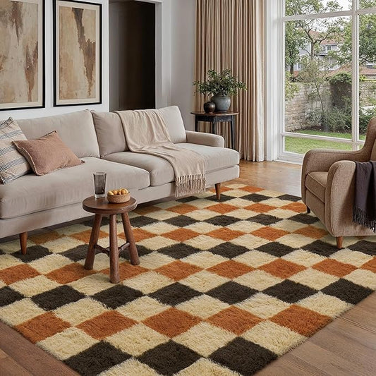 Checkered Rug 5x8 for Living Room, Colorful Modern Shag Rug Super Soft Washable Indoor Fuzzy Carpet Non-Slip Fluffy Rugs for Bedroom Home Aesthetic Decor