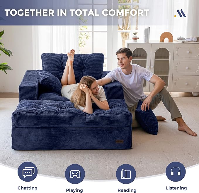 MAXYOYO Oversized Chaise Lounge Sofa, Upholstered Lounge Chair with 3 Pillows, Tufted Boneless Sofa Couch with Ottoman, Deep Seat Chair for Living Room, No Assembly, Navy