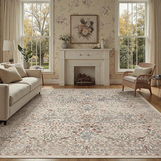 DCX Beige 8x10 Area Rugs, Machine Washable Non Slip Stain Resistant Soft Vintage Floral Rug, for Living Room, Bedroom, Playroom, Soft Low Pile Large Carpet