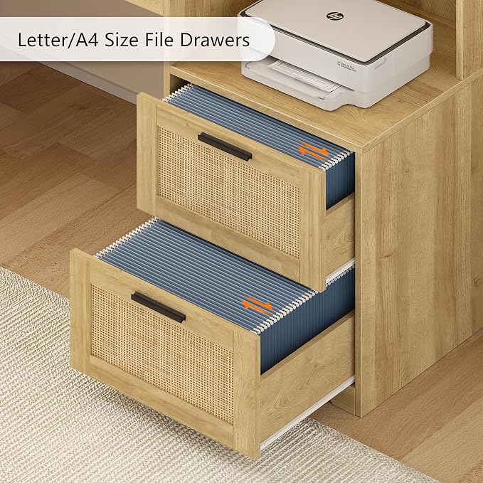 TVU Farmhouse L Shaped Desk with Drawers, 62.2" Home Office Desk with Storage Shelves and Power Outlet, L Shaped Computer Desk with Monitor Stand and Printer Shelf, Oak/Rattan