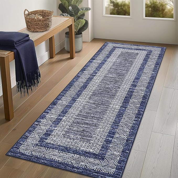 GarveeHome Washable 2.5x10 Kitchen Runner Navy Blue Rug, Easy Clean Geometri Rugs for Hallway Entryway, Indoor Outdoor Non Slip Rug Farmhouse Morden Carpet Door Mat Area Rug for Laundry Room Grey