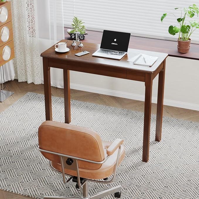 Solid Wooden Desk with Drawers - 36 x 16 Inch Narrow Desks for Small Spaces, Rubberwood Mid Century Modern Desks, Simple Vintage Study Table, Small Writing Desk for Bedroom - Walnut Color