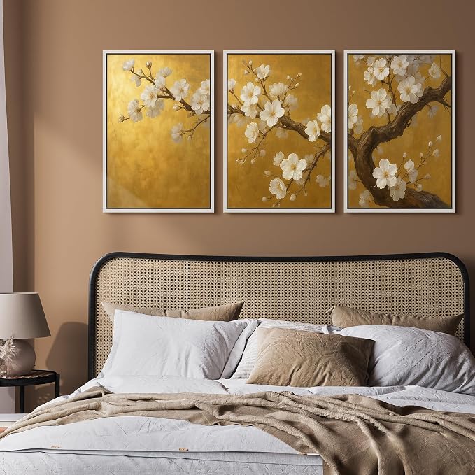 wall26 Framed Canvas Print Wall Art Set Golden Cherry Blossom Tree Elegant Floral Illustrations Fine Art Decorative Rustic for Living Room, Bedroom, Office - 16"x24"x3 White