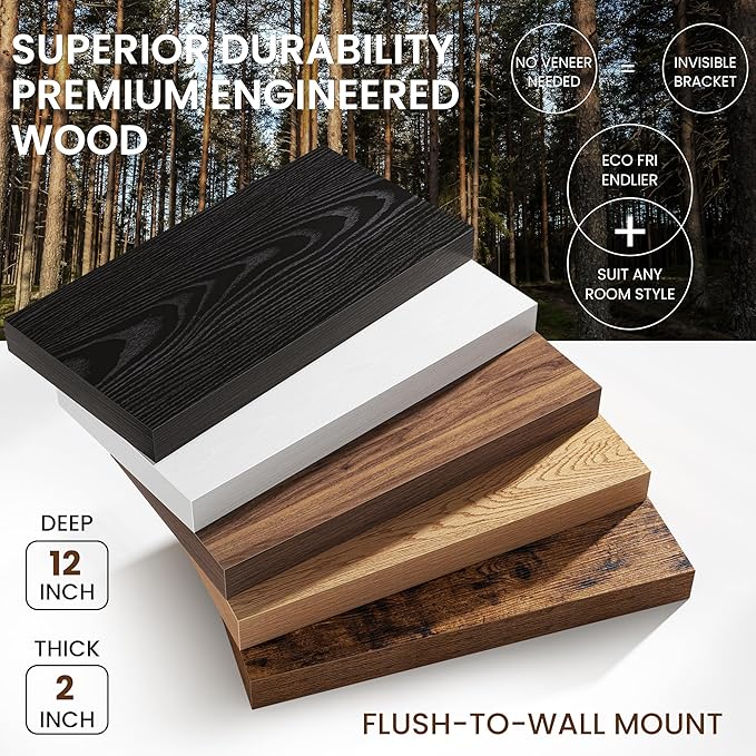 32Inch White Floating Shelves for Wall, 12 Inch Deep Shelves for Bedroom, Kitchen, Bathroom Wall Mounted, Rustic Wood Floating Shelf with Invisible Brackets for Books, Storage, Decor, 2 Packs