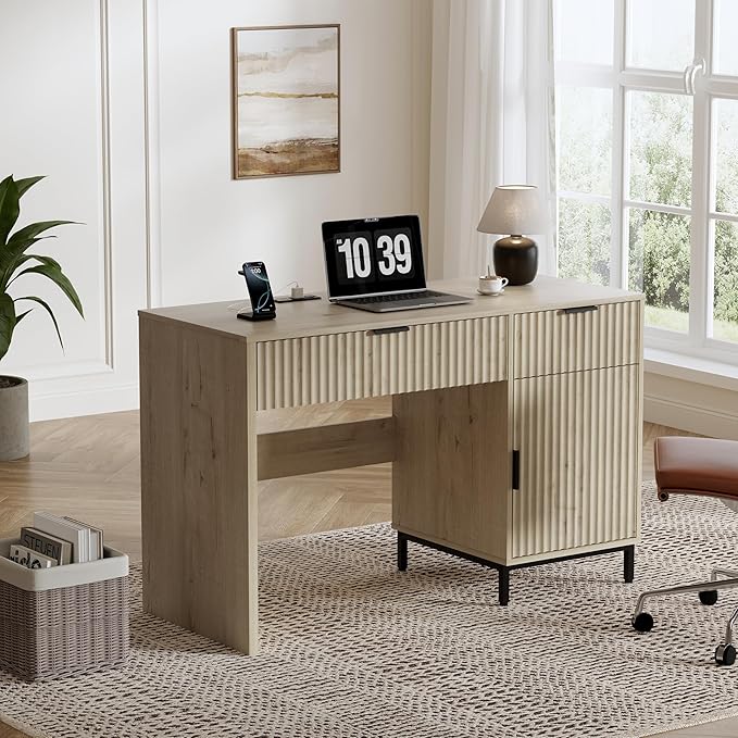 47" Home Office Desk with Fluted Drawers, Wood Exectuive Desk with Storage Cabinet, Charging Station, Metal Legs Modern Farmhouse Computer Desk for Work, Study Light Oak