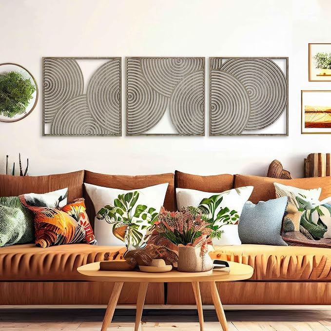 Mid Century Modern Wood Wall Art with Circular Patterns, Set of 3 Boho Home Decor Gift, Midcentury Modern Style Large Wooden Wall Art