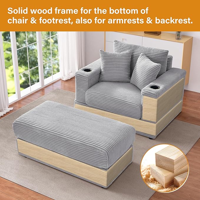 Oversized Chaise Lounge Chair Indoor with Adjustable Backrest, USB, Cup Holder & Ottoman, Firm Solid Wood Frame with Long Service Life Corduroy Oversized Lounge Reading Chair for Study Room - Grey