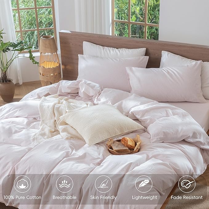 MooMee Striped Duvet Cover Set 100% Washed Cotton Linen Like Textured Breathable Durable Soft Comfy (Heathered Greyish Pink Pinstripes, Cal King 104"x98")