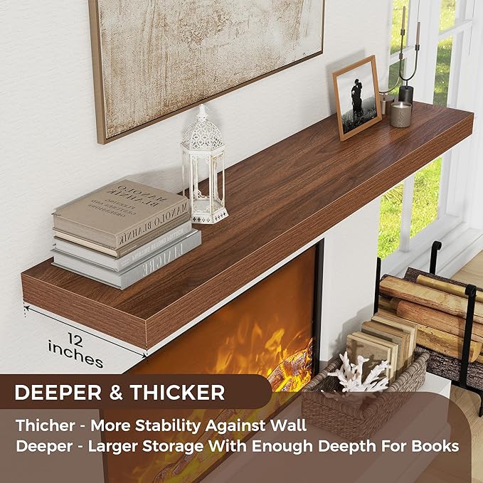 Floating Shelves for Wall, 48 Inch Wide x 12 Inch Deep Floating Shelves, Long Wood Floating Wall Shelf Shelves for Living Room Bathroom Bedroom Kitchen Home - (Walnut, 48" W x 12" D x 2" H)