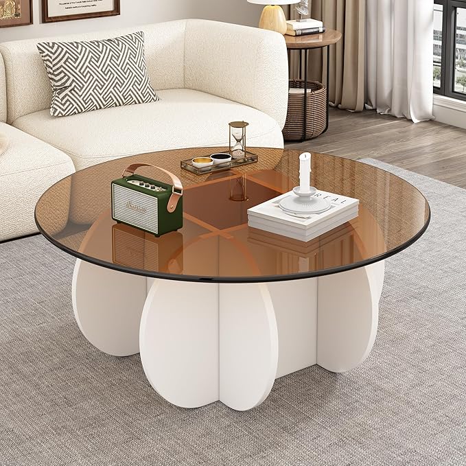 Glass Coffee Table, Mid Century Modern Design, 31.5'' Modern Round Tempered Glass Coffee Tables for Living Room, Cocktail Table for Small Space Home Office. (White + Brown)
