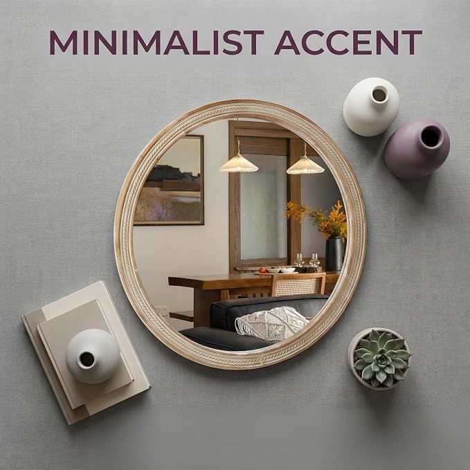 23.62'' Rustic Modern Round Wall Mirror with Rattan Textured & Pre-Installed Hanging, Decorative Mirror with Large Reflective Surface for Bathroom Bedroom Living Room, Natural