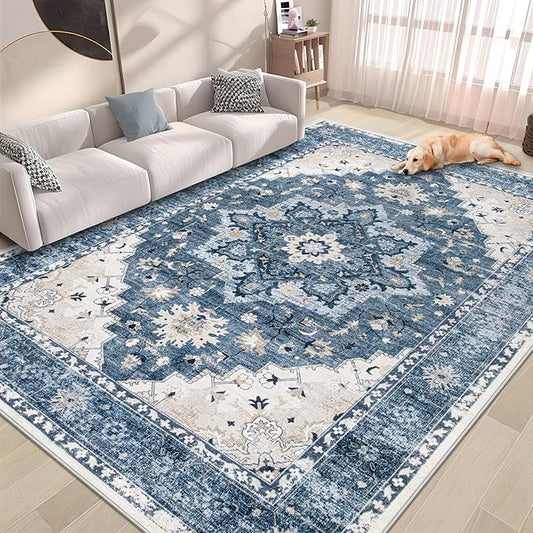 Area Rug 6x9 Vintage Rug: Washable Indoor Medallion Rugs Low Pile Distressed Floor Carpet Retro Accent Rug for Living Room Bedroom Kitchen Dining Table Home Office(Blue, 6'x9')