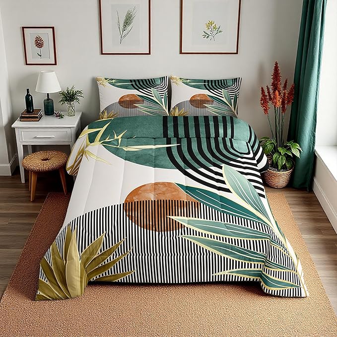 Erosebridal Boho Mid Century Comforter Set King Modern Abstract Geometric Bedding Set,Retro Minimalist Aesthetic Down Comforter Line Art Duvet Insert for Women Men,Green Room Decor