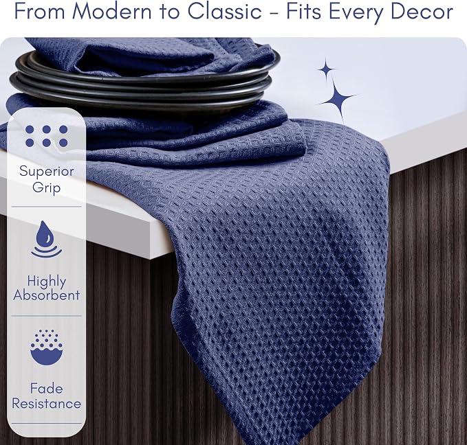 TWINY threads Kitchen Dish Towels Set of 12, 100% Cotton Waffle Weave, Absorbent Dishcloth & Tea Towel with Hanging Loop, Reusable for Table Cleaning, Quick Drying - 16x26 Inches - Indigo Blue