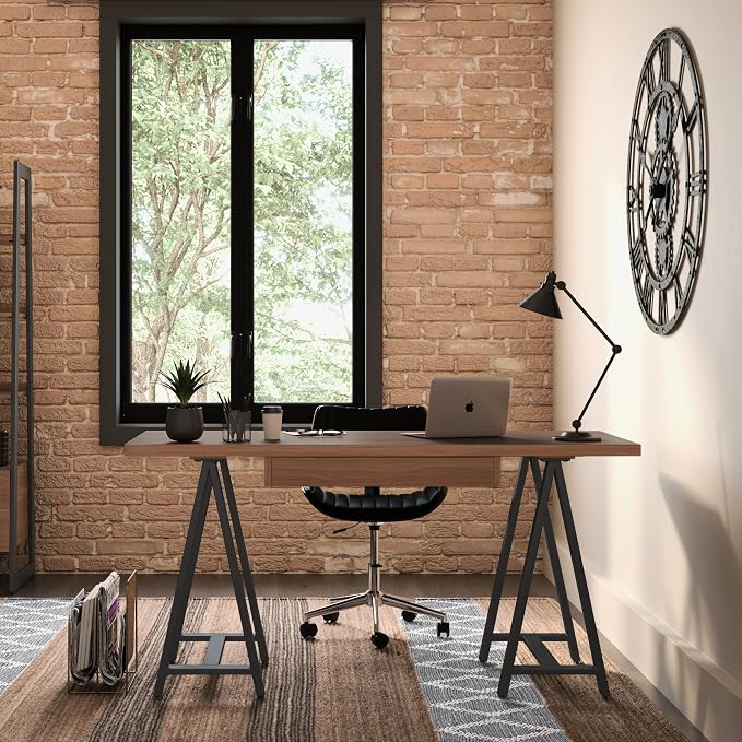 SIMPLIHOME Sawhorse Industrial 60 inch Wide SOLID WALNUT WOOD and Metal Desk in Walnut for the Office Desk, Writing Table, Workstation and Study Table